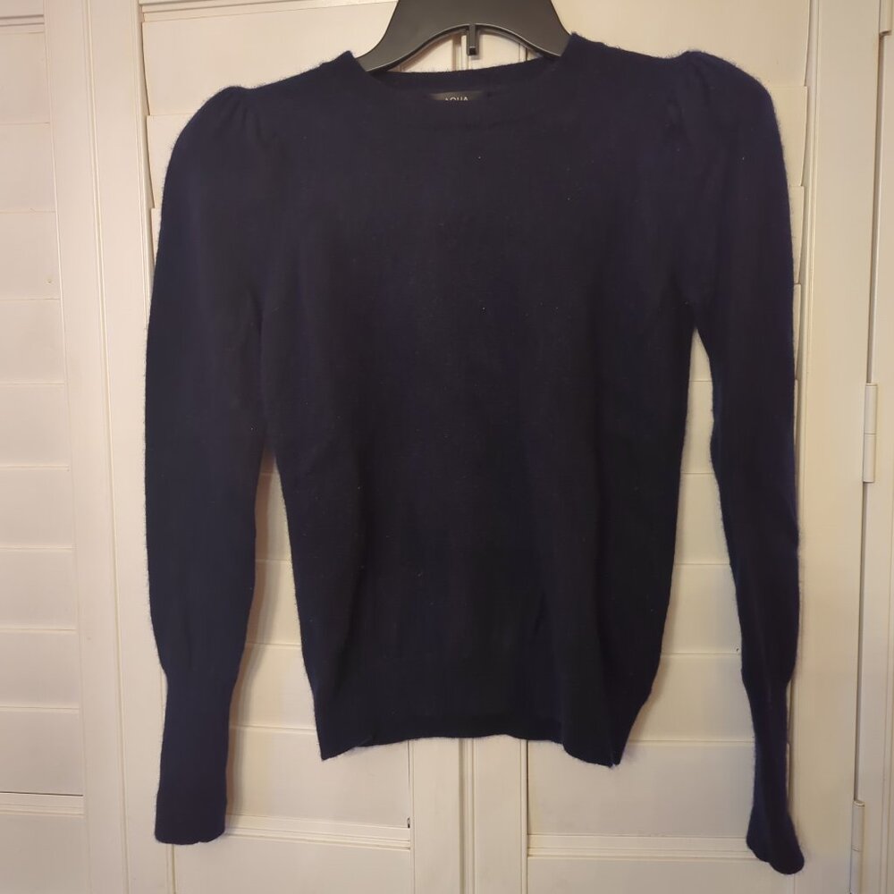 Aqua Cashmere Puff Sleeve Navy Blue Sweater in XS